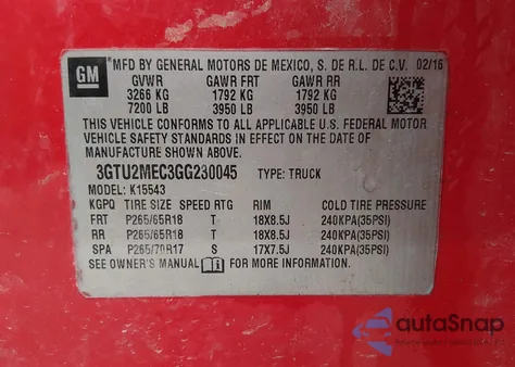 2016 GMC Sierra 1500 Sle from USA, damaged, VIN 3GTU2MEC3GG230045